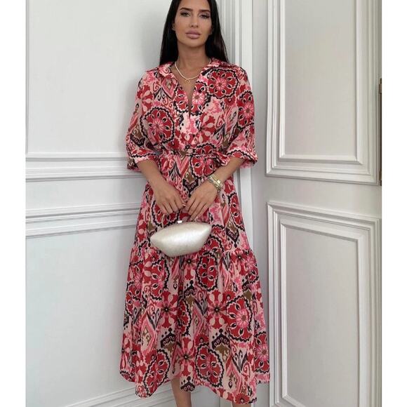 Zara Ikat Print Button-Down Belted Midi Dress, 100% Cotton, Size XS - Picture 1 of 11
